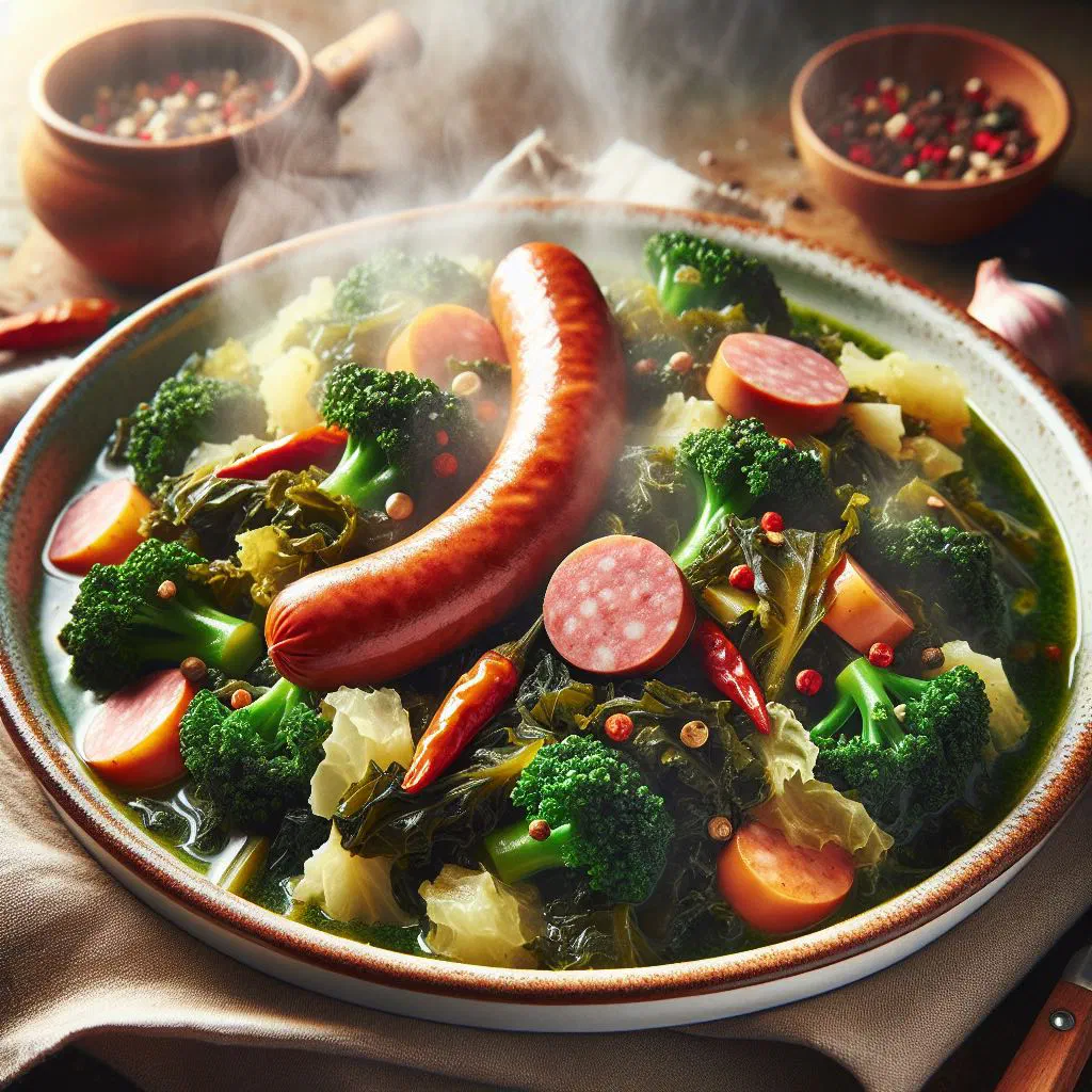 Braised curly kale with Pinkel sausage, smoked bacon and boiled potatoes on a rustic plate