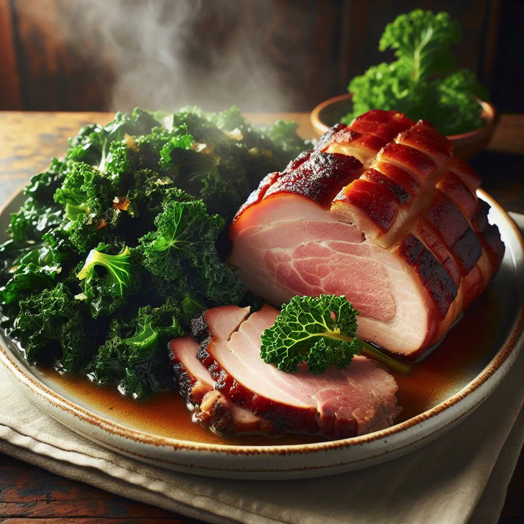 Braised kale with smoked pork loin, boiled potatoes and mustard on a plate
