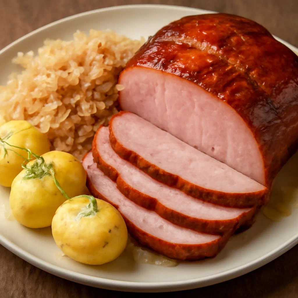 Sliced Kassler with sauerkraut and potatoes on a plate