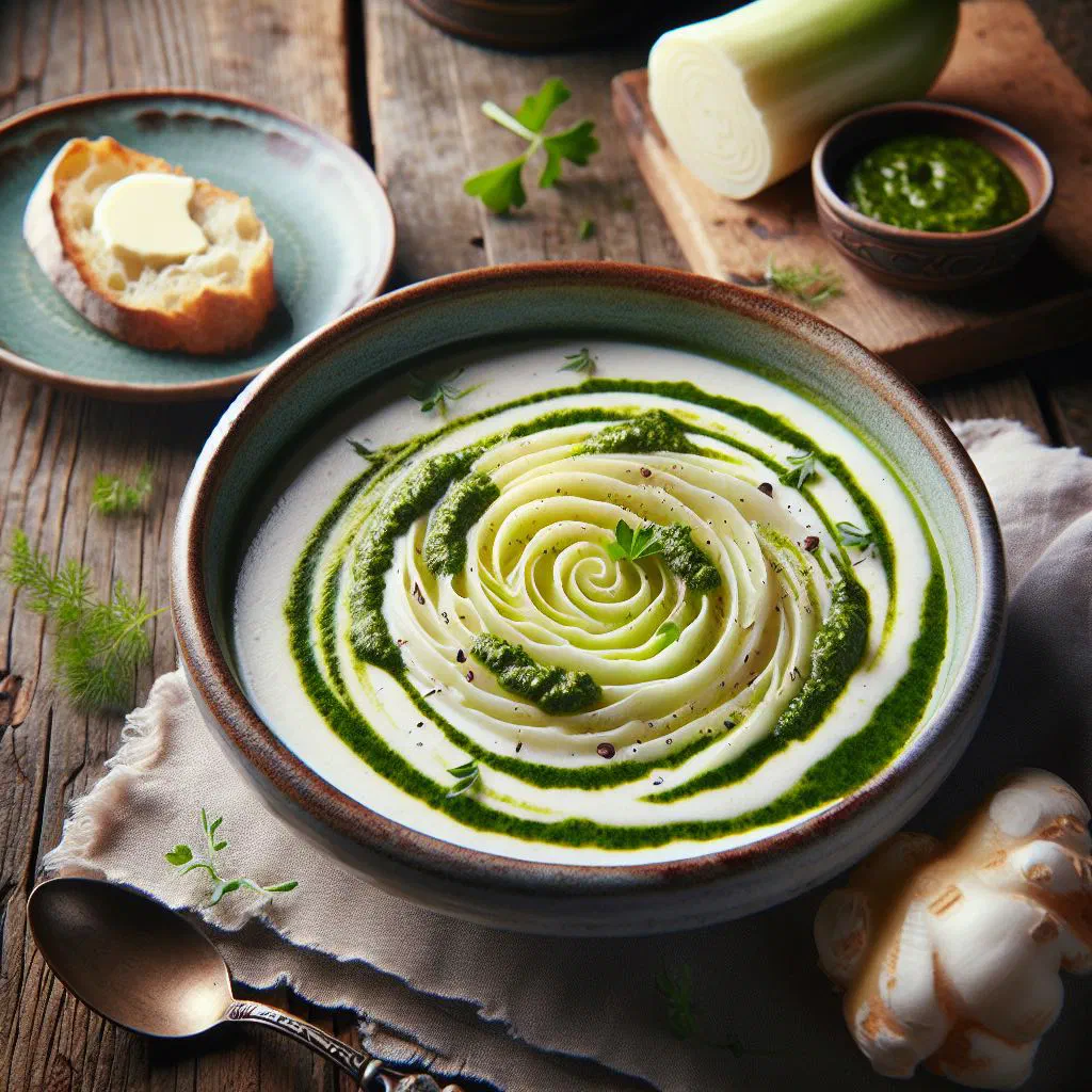 Creamy kohlrabi soup garnished with fresh herbs and a swirl of cream