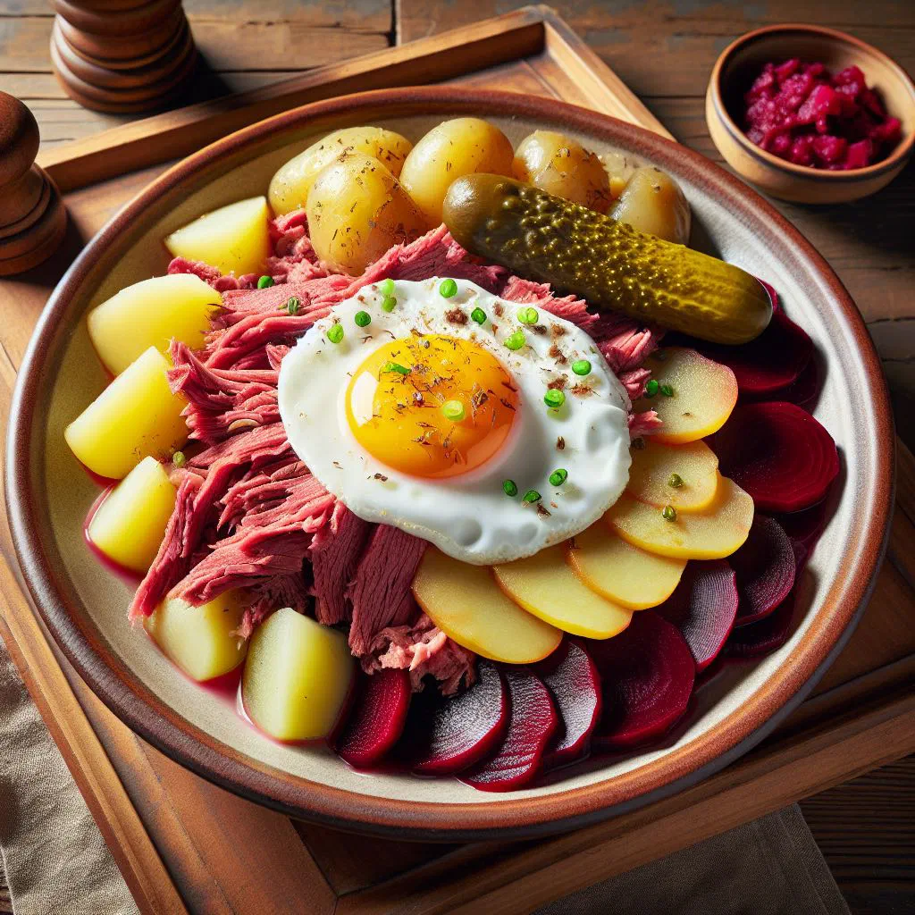 Labskaus topped with a fried egg, served with gherkins and beetroot