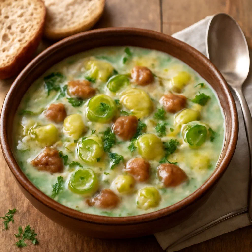 A bowl of hearty German leek and potato stew with sausage and fresh herbs
