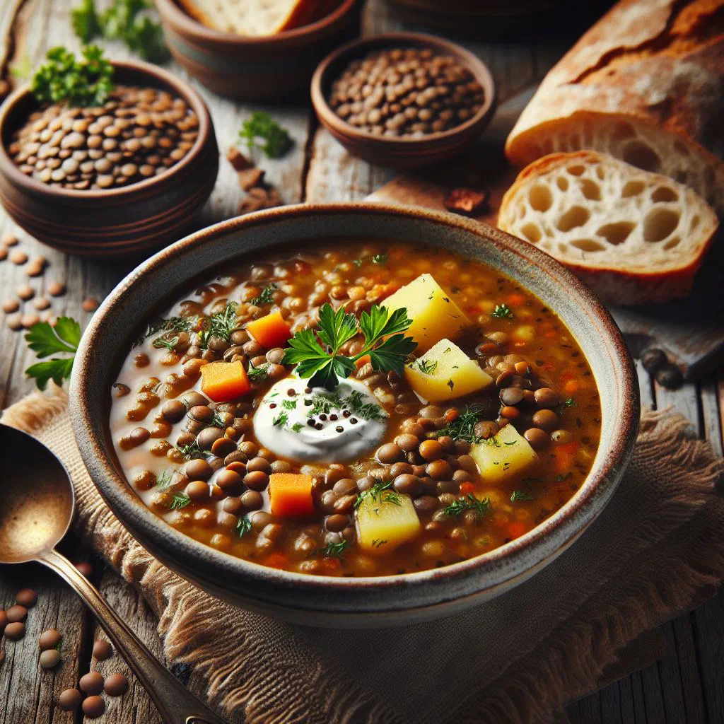 A rustic bowl of German lentil soup with vegetables and fresh herbs