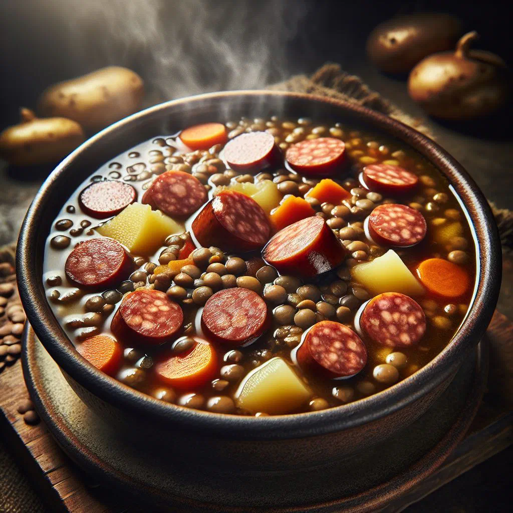 Bowl of German lentil stew with sliced sausages and fresh parsley
