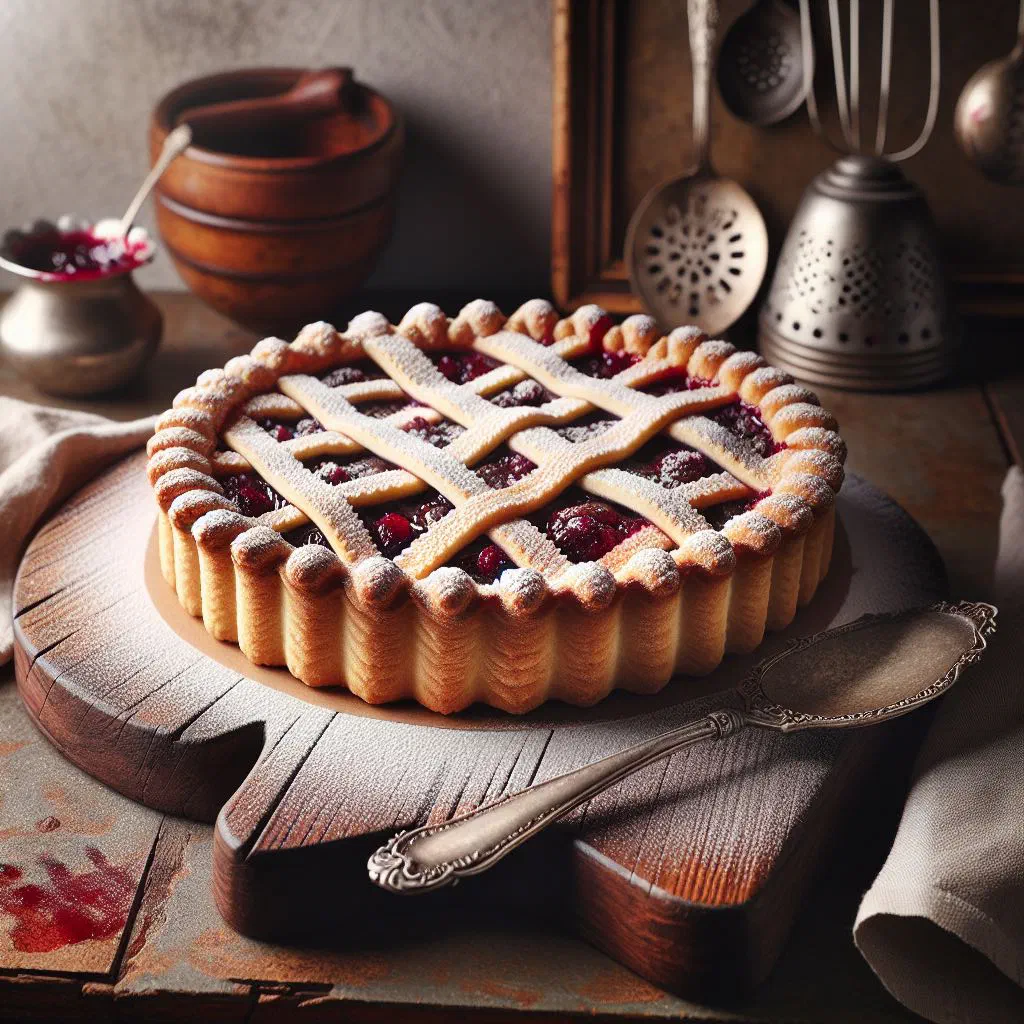 Linzer torte with a golden lattice top and redcurrant jam filling