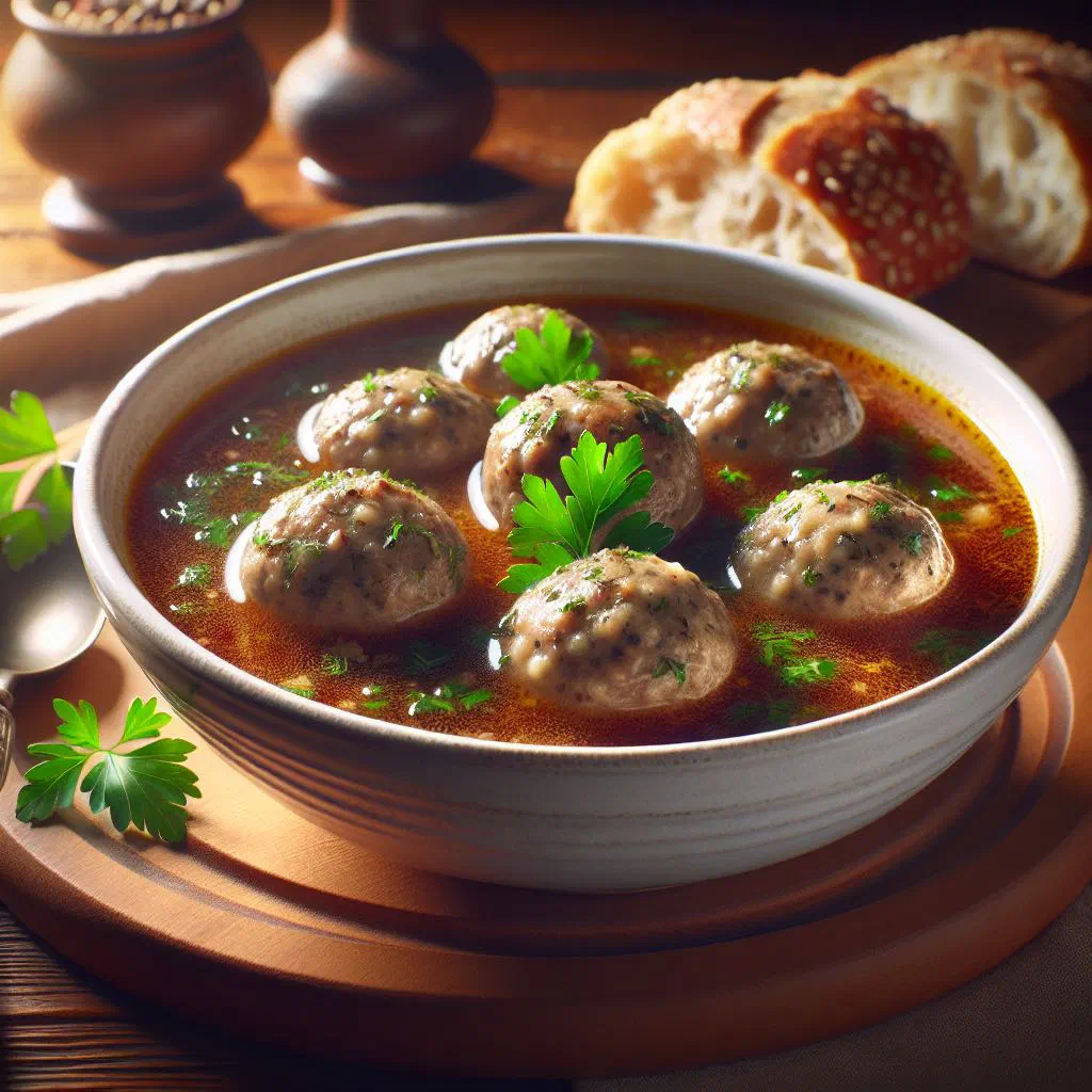 Liver dumpling soup with tender dumplings in a clear golden broth