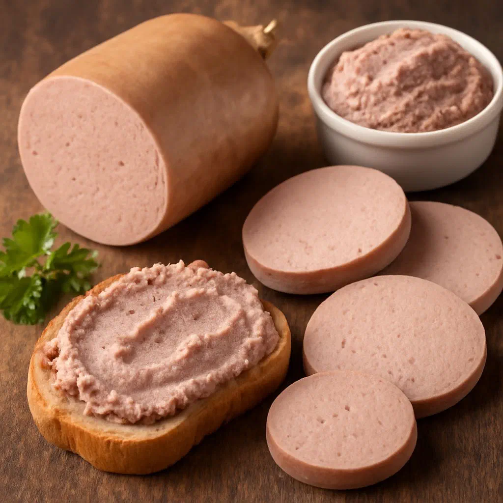 Homemade German liver sausage in a jar with rye bread and gherkins