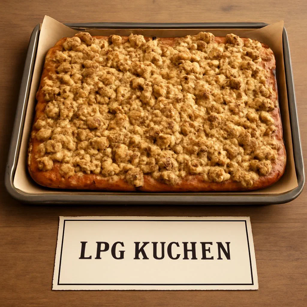 A slice of moist LPG fruit tray bake dusted with icing sugar