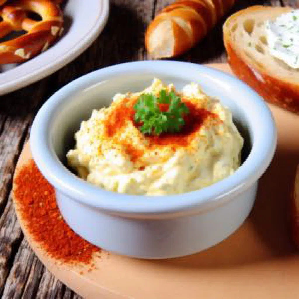 A bowl of creamy Mainz Spundekäs cheese spread garnished with chives, served with pretzels
