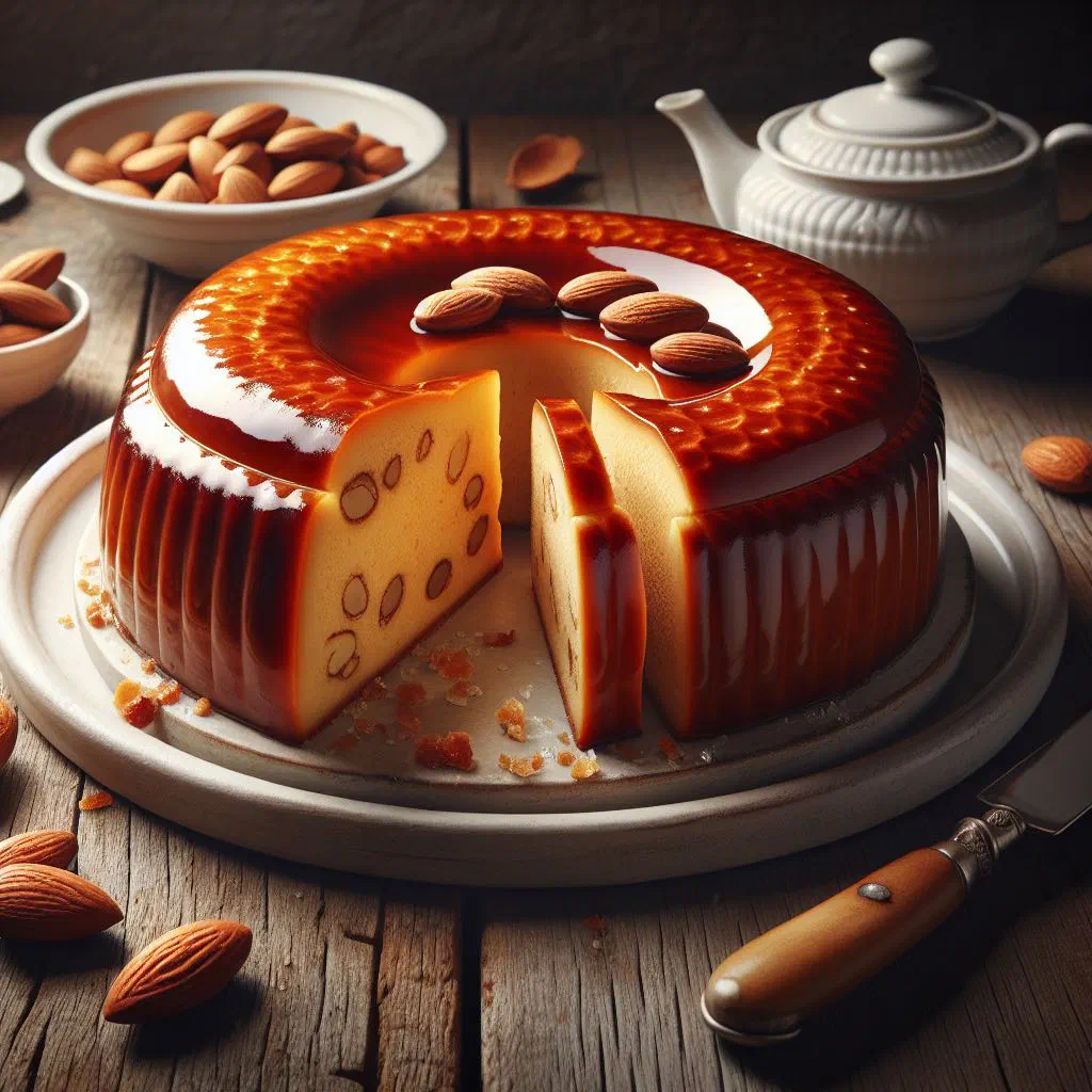 Golden marzipan cake dusted with icing sugar on a cake plate