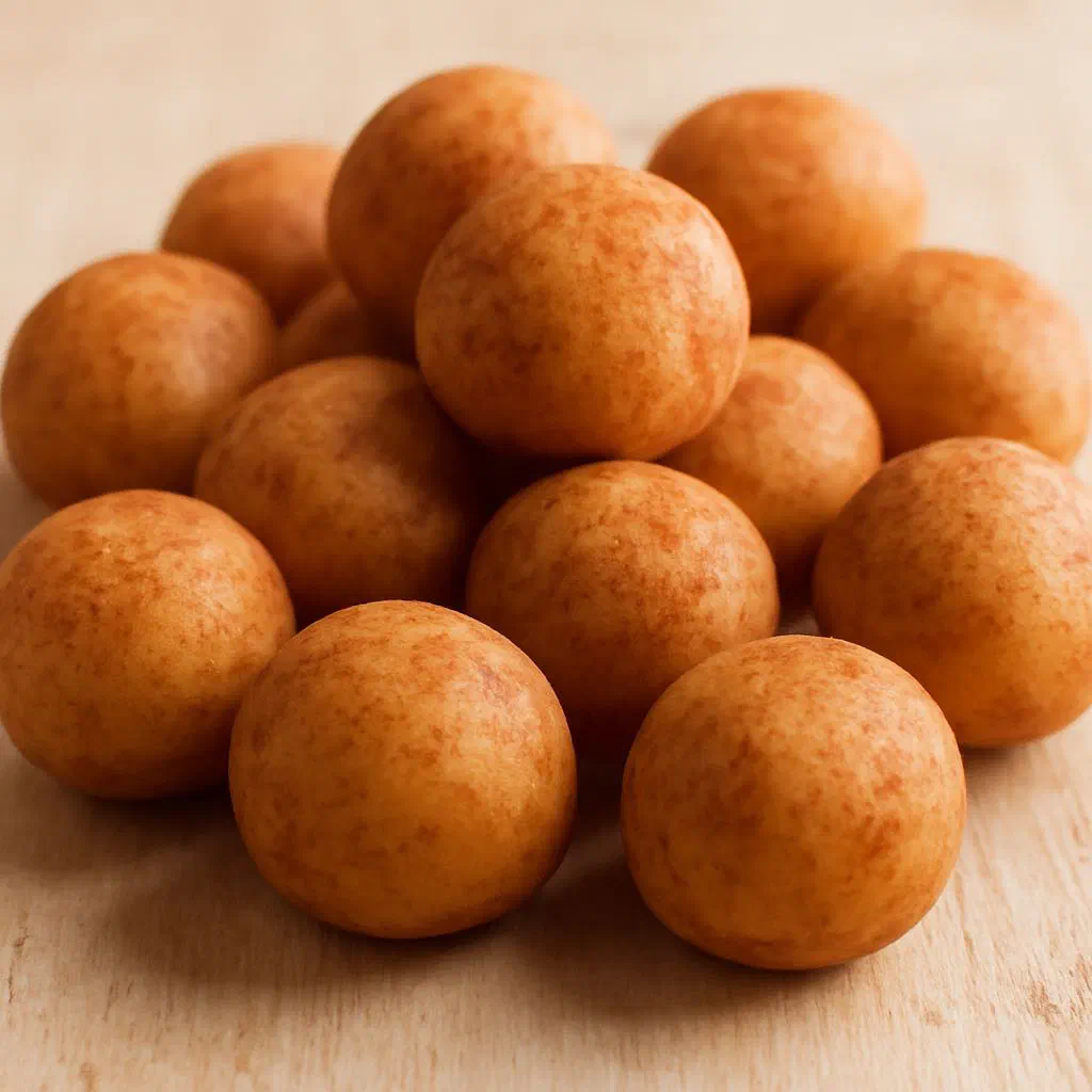 Small marzipan balls dusted in cocoa, shaped to look like little potatoes