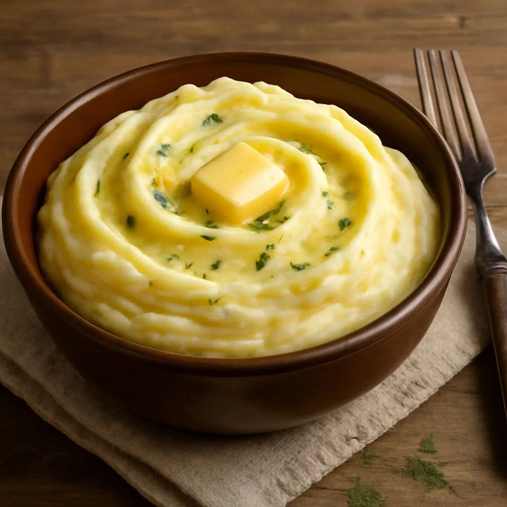 Bowl of creamy mashed potato topped with a knob of butter and a sprinkle of nutmeg