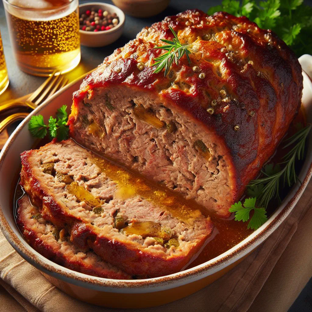 Sliced German meatloaf revealing whole hard-boiled eggs in the centre
