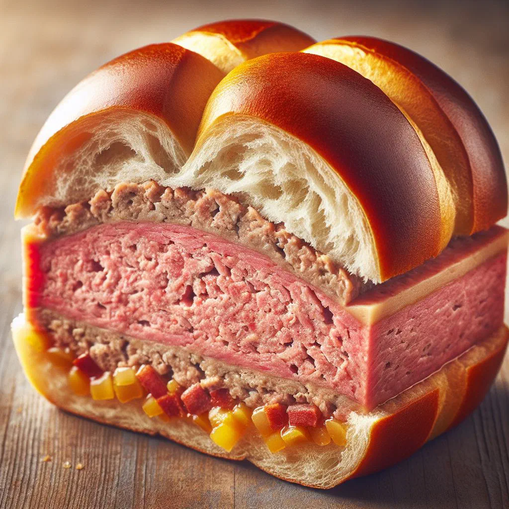 Slice of golden baked Leberkäse in a crusty bread roll with mustard