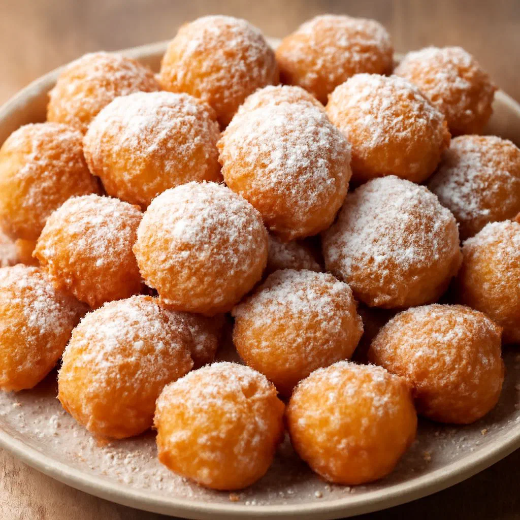 Golden mini doughnuts dusted with sugar on a plate