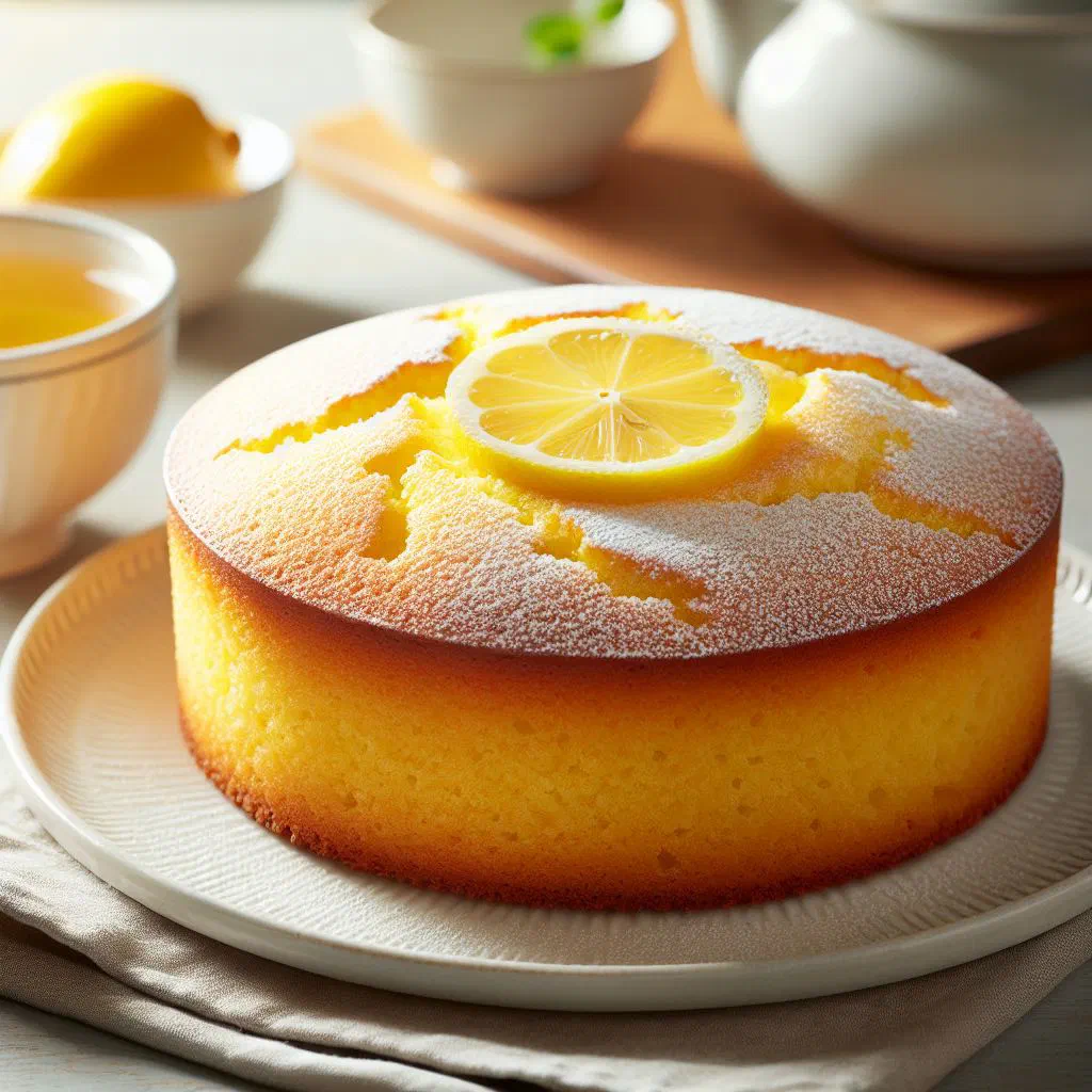 A moist golden lemon cake dusted with icing sugar and topped with lemon slices