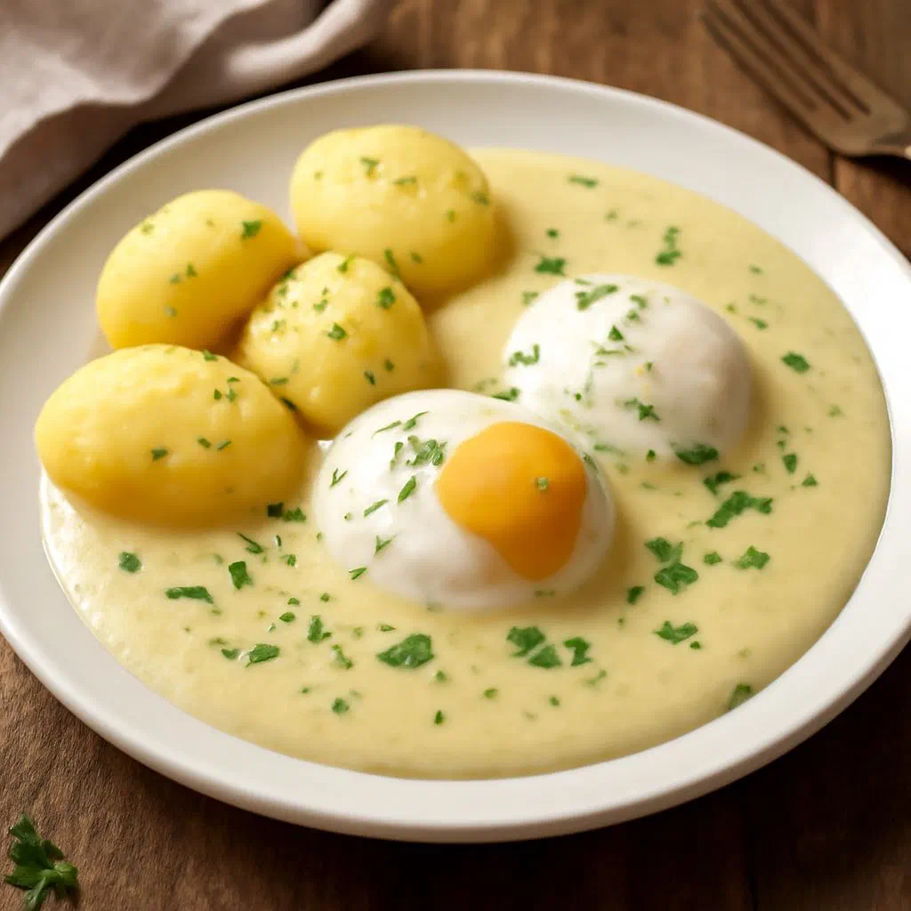 Hard-boiled eggs in creamy mustard sauce served with boiled potatoes and parsley