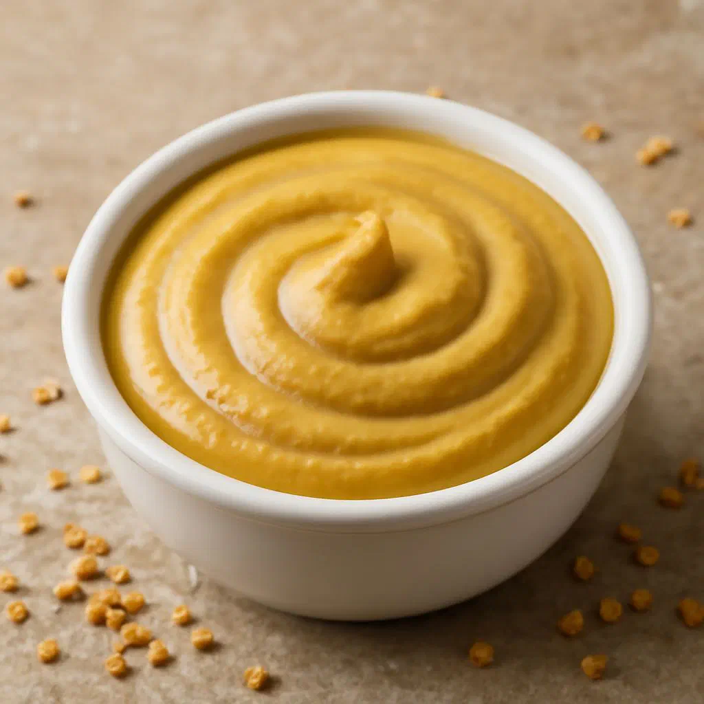 Creamy mustard sauce in a small jug served with potatoes and egg