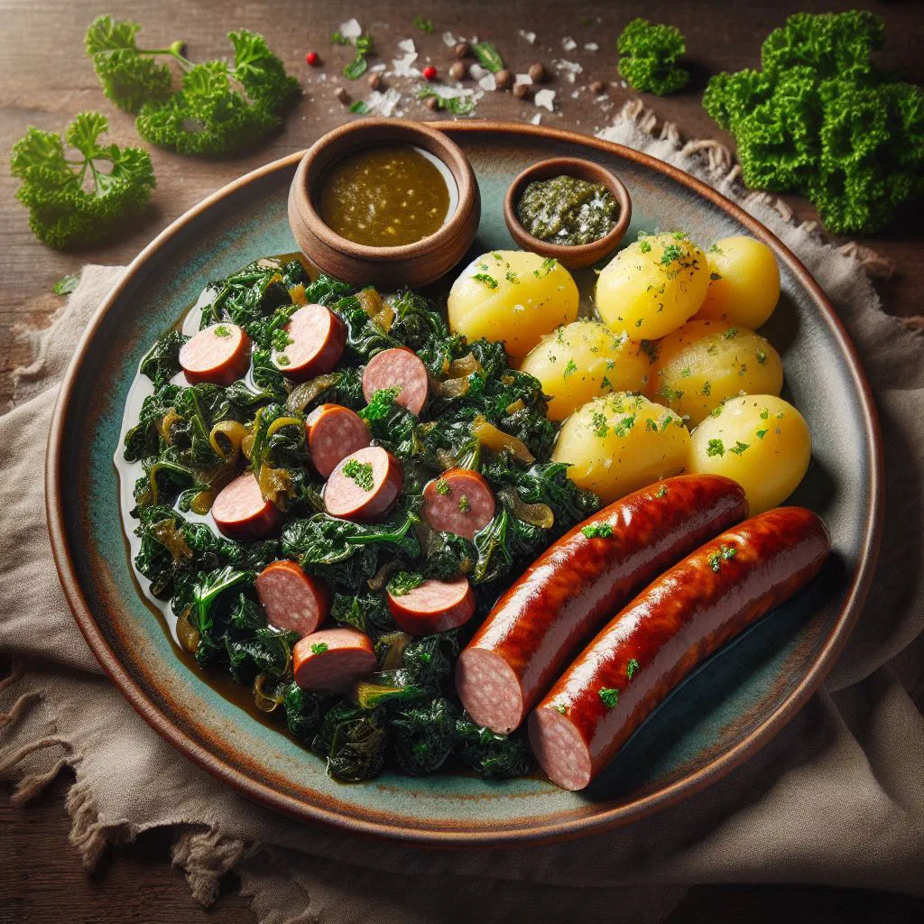 North German kale with pinkel sausage served with mustard in a rustic bowl