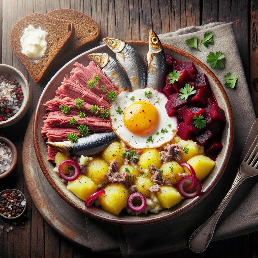 North German Labskaus topped with a fried egg and pickled gherkins