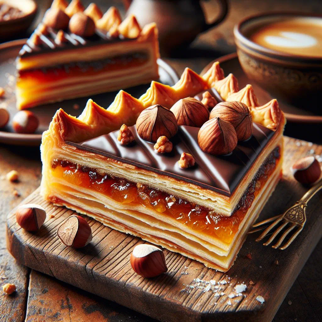 Nut triangles with a chocolate-dipped edge on a serving plate