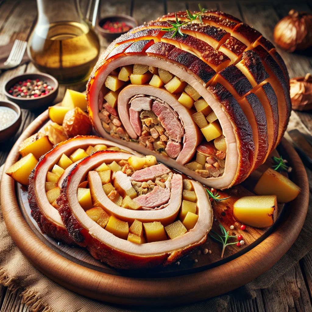 Sliced Palatine Saumagen served on a rustic wooden board