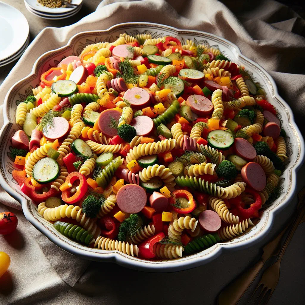German pasta salad with sweetcorn, peppers, peas and a creamy dressing