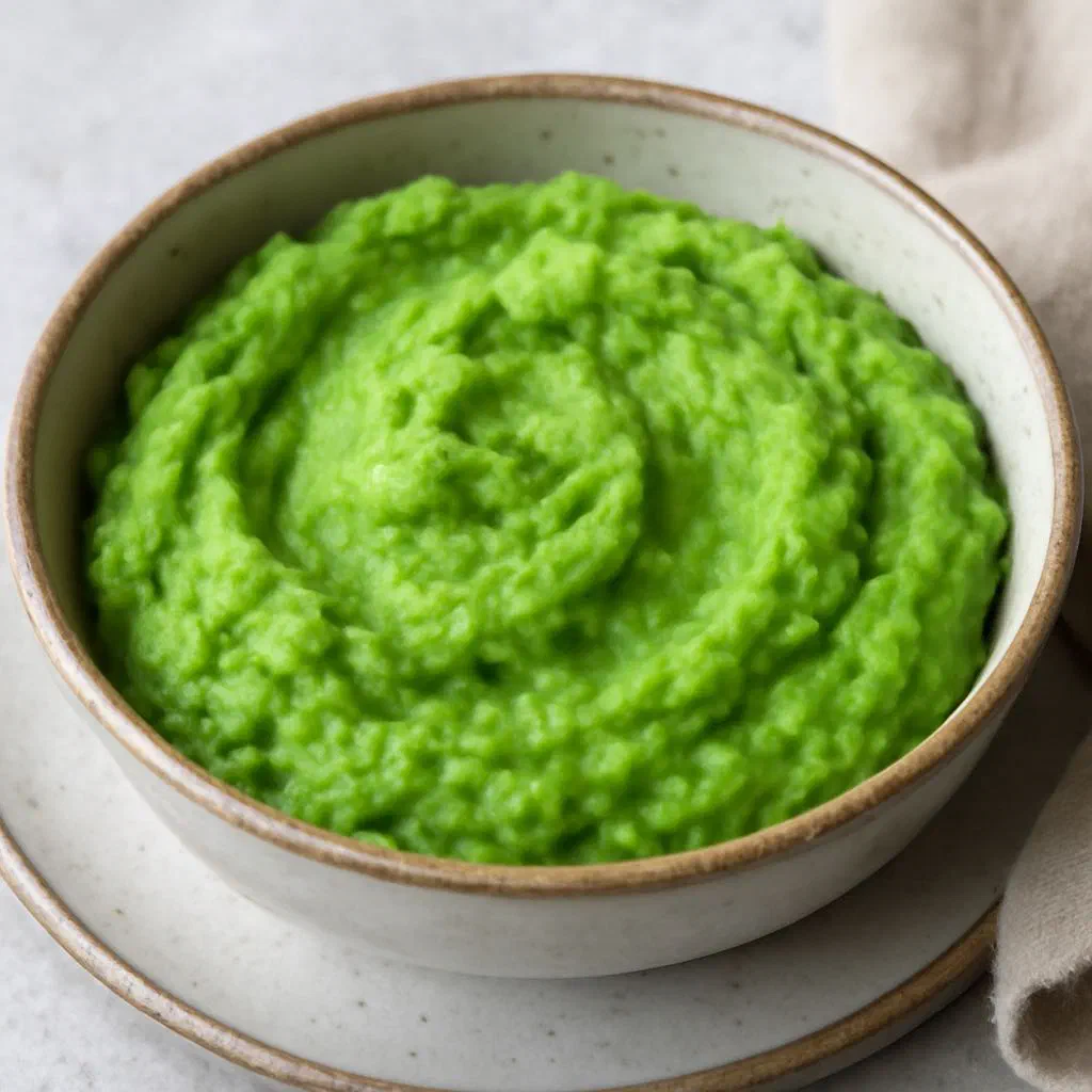 Creamy yellow pea purée served in a bowl with a knob of butter and fresh herbs