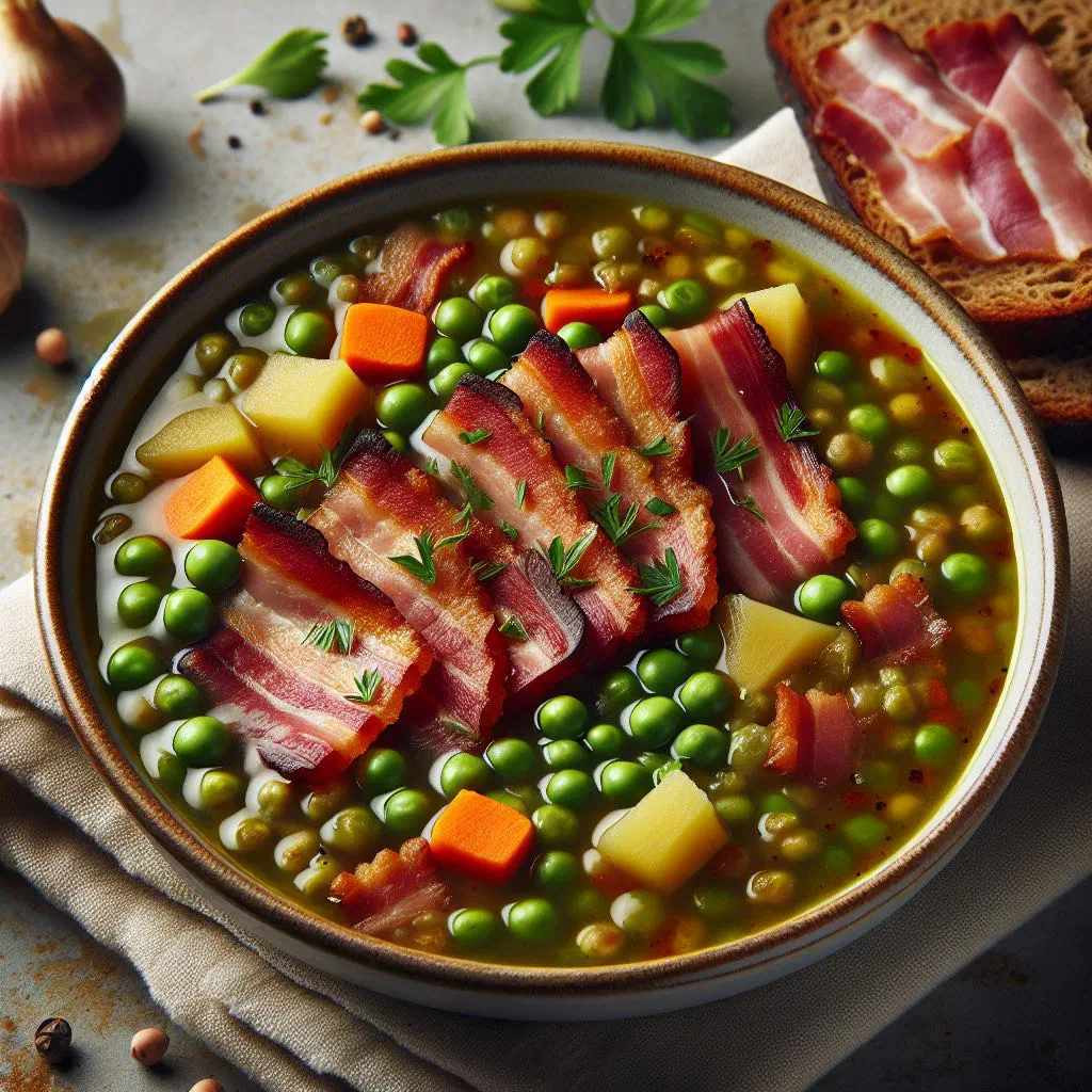 Bowl of hearty German pea stew with diced bacon and carrots