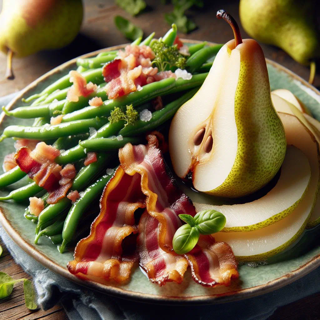 Bowl of pears, green beans and crispy bacon garnished with fresh herbs