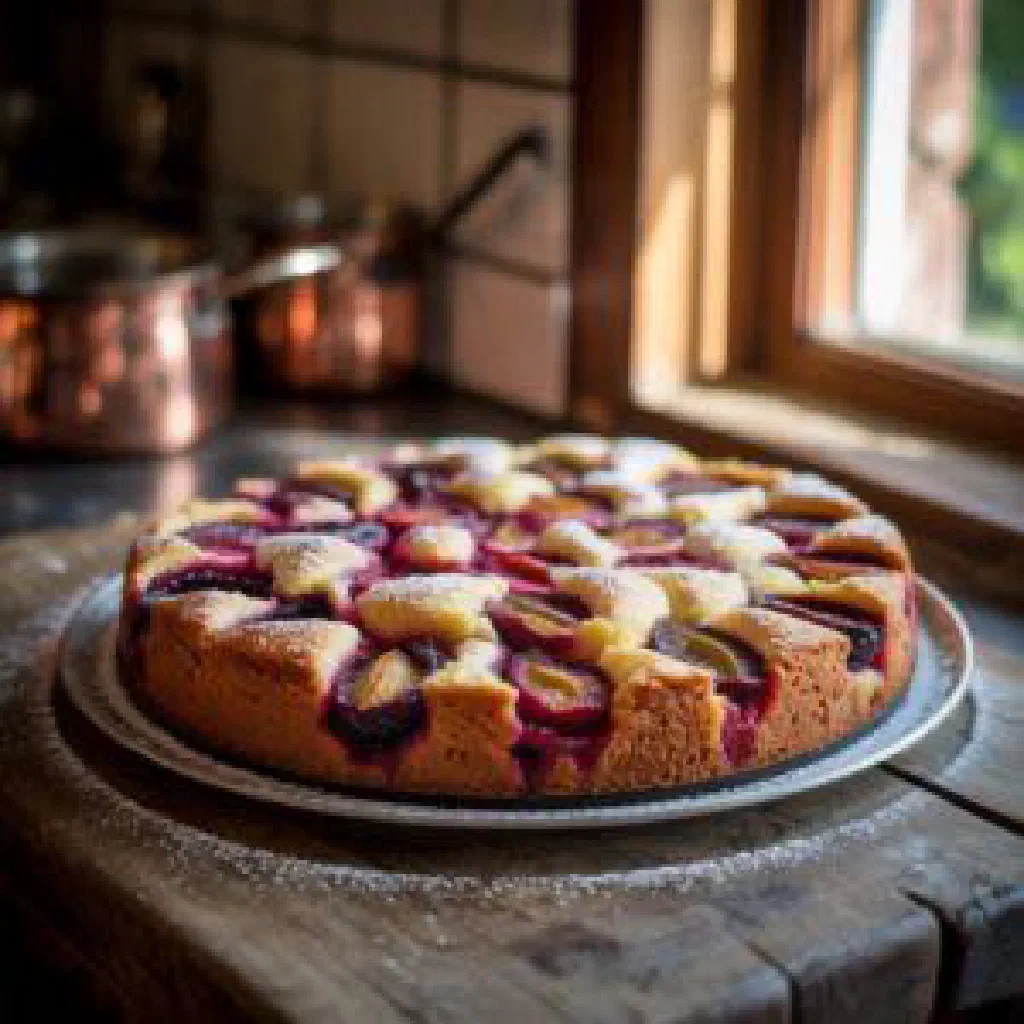 German plum cake topped with rows of damson plums and a dusting of sugar