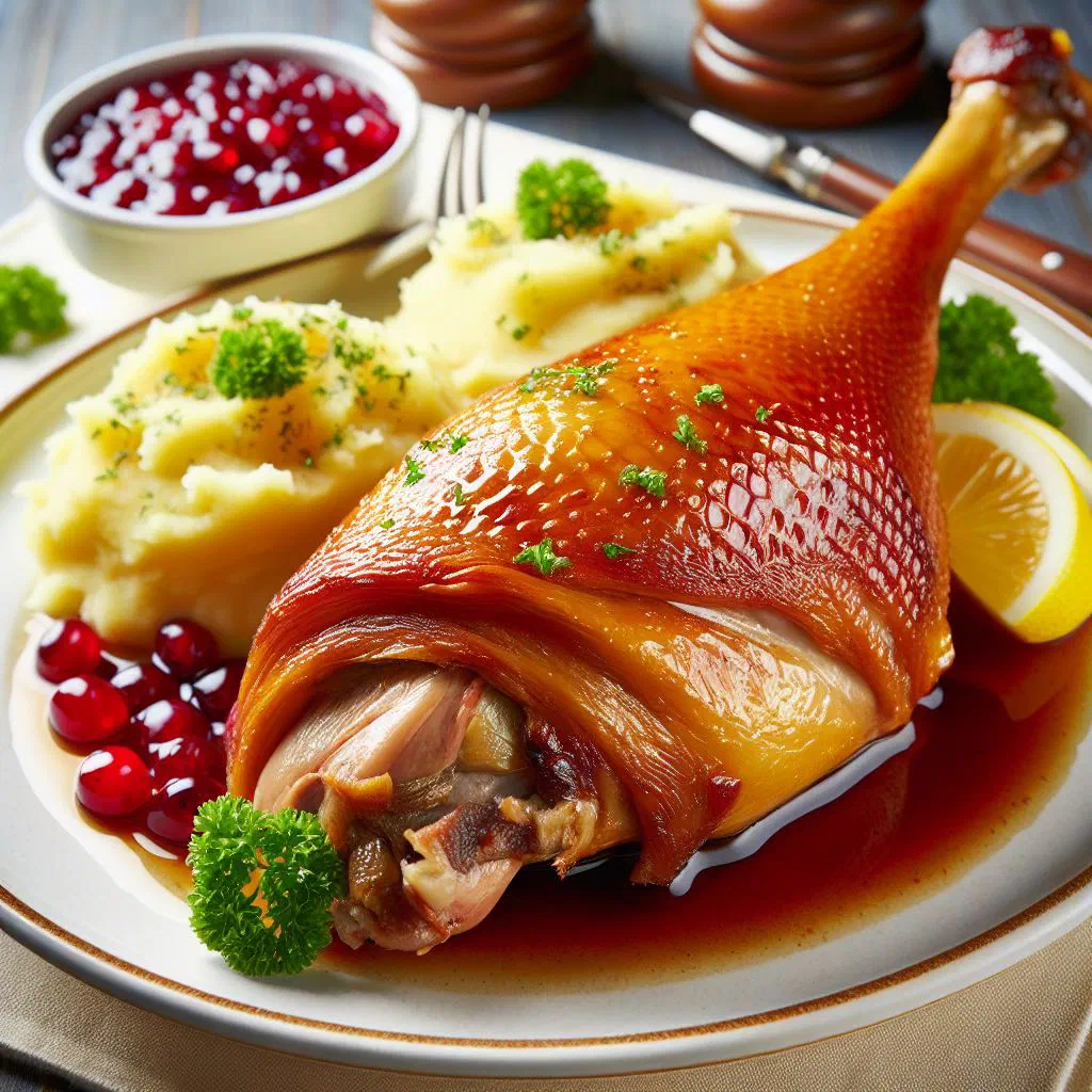 Roasted goose leg served with red cabbage and crispy potatoes