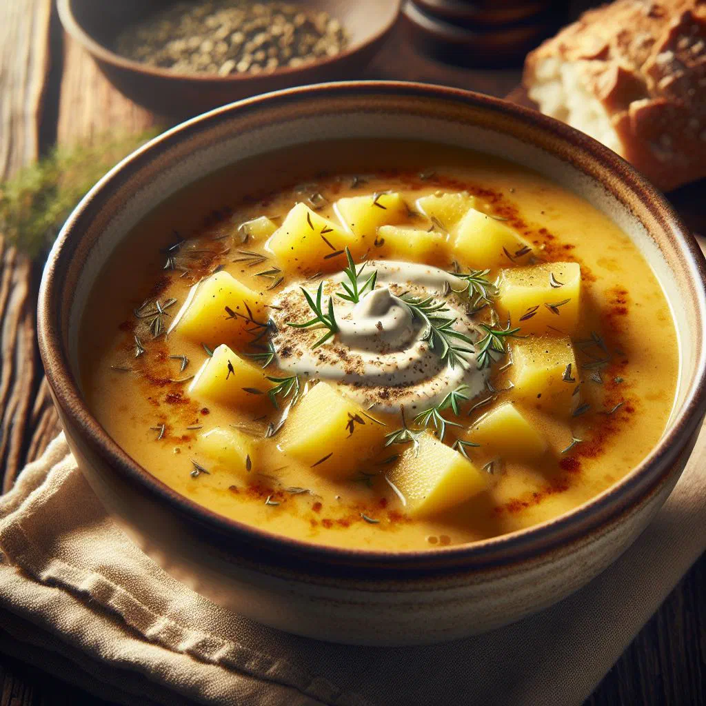 Bowl of creamy Pomeranian potato soup garnished with fresh parsley