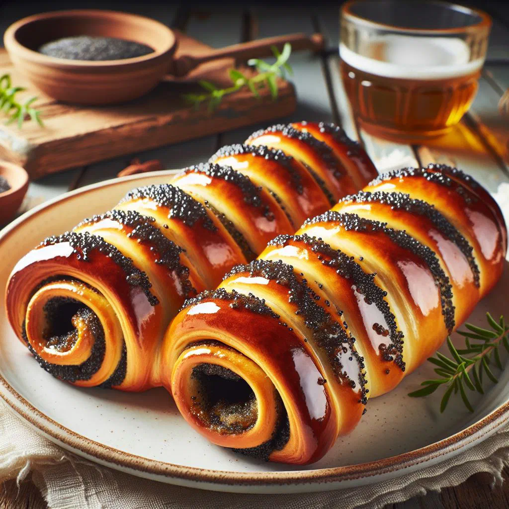 Sliced poppy seed plait dusted with icing sugar on a plate