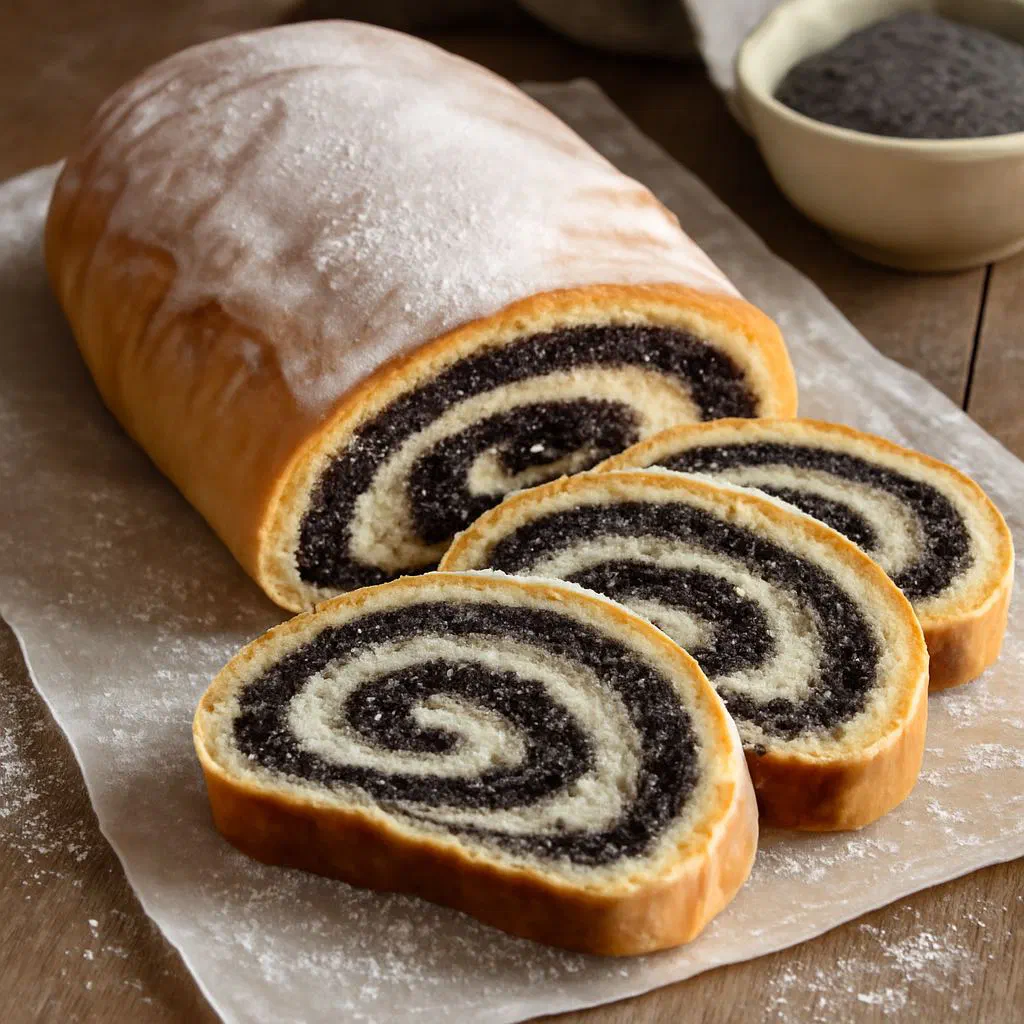 Sliced poppy seed stollen dusted with icing sugar on a wooden board