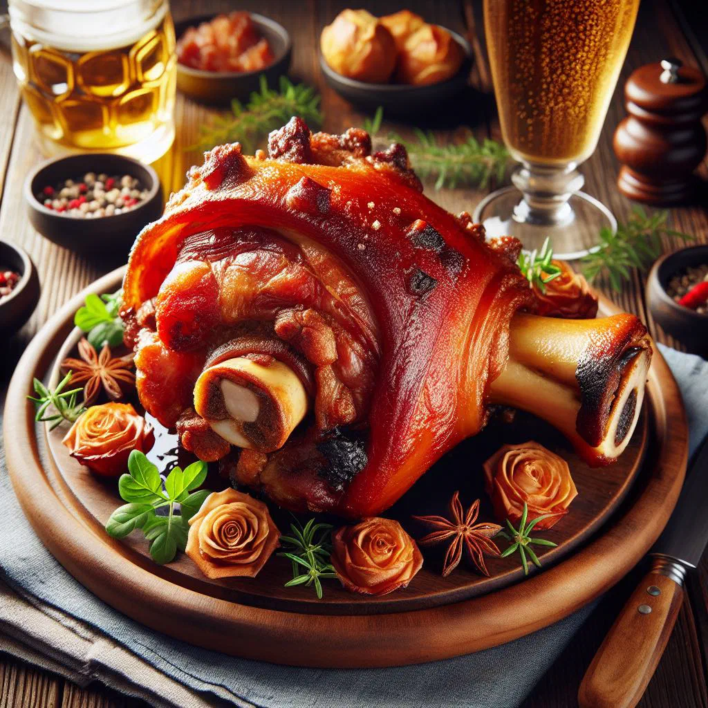Roasted pork knuckle with crispy crackling on a wooden board