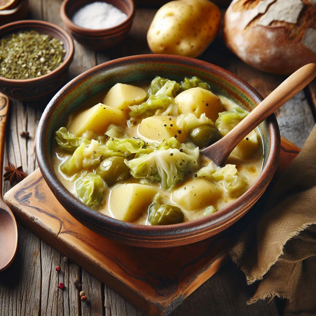 A bowl of hearty potato and savoy cabbage stew garnished with fresh herbs