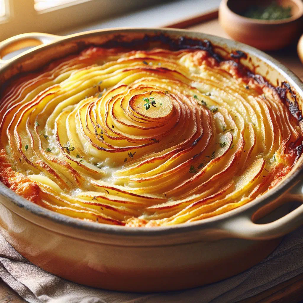 Golden potato gratin with a crisp, bubbling cheese crust in a baking dish