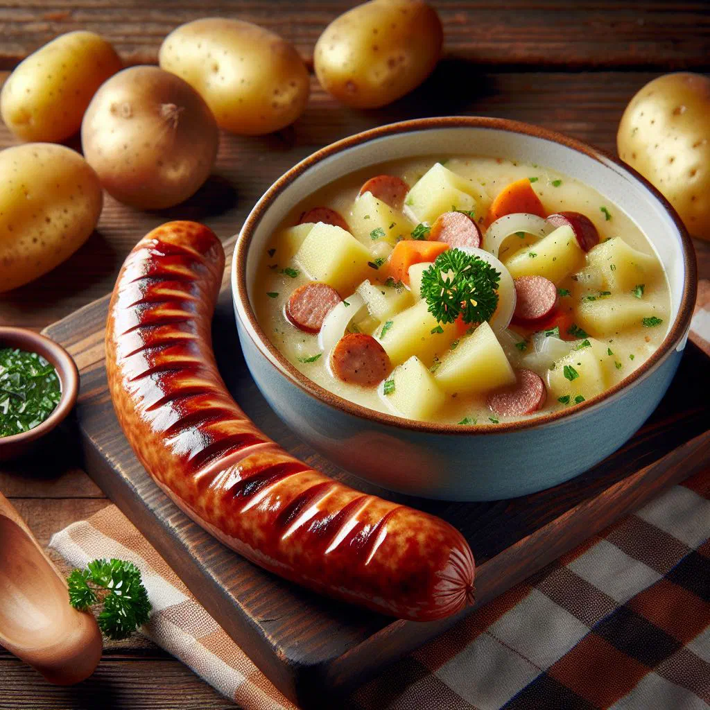 A bowl of creamy potato soup with sliced bockwurst and chopped parsley