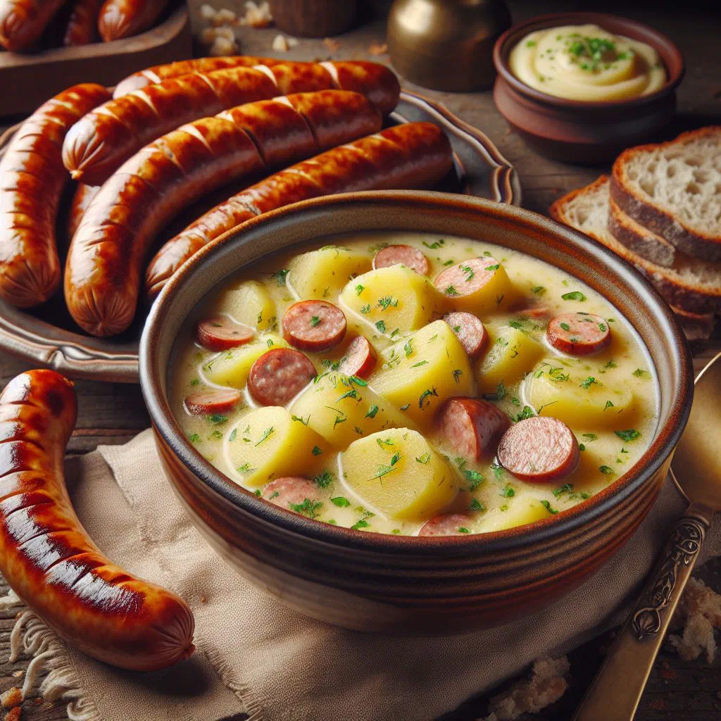 Creamy German potato soup with sliced Vienna sausages and fresh herbs