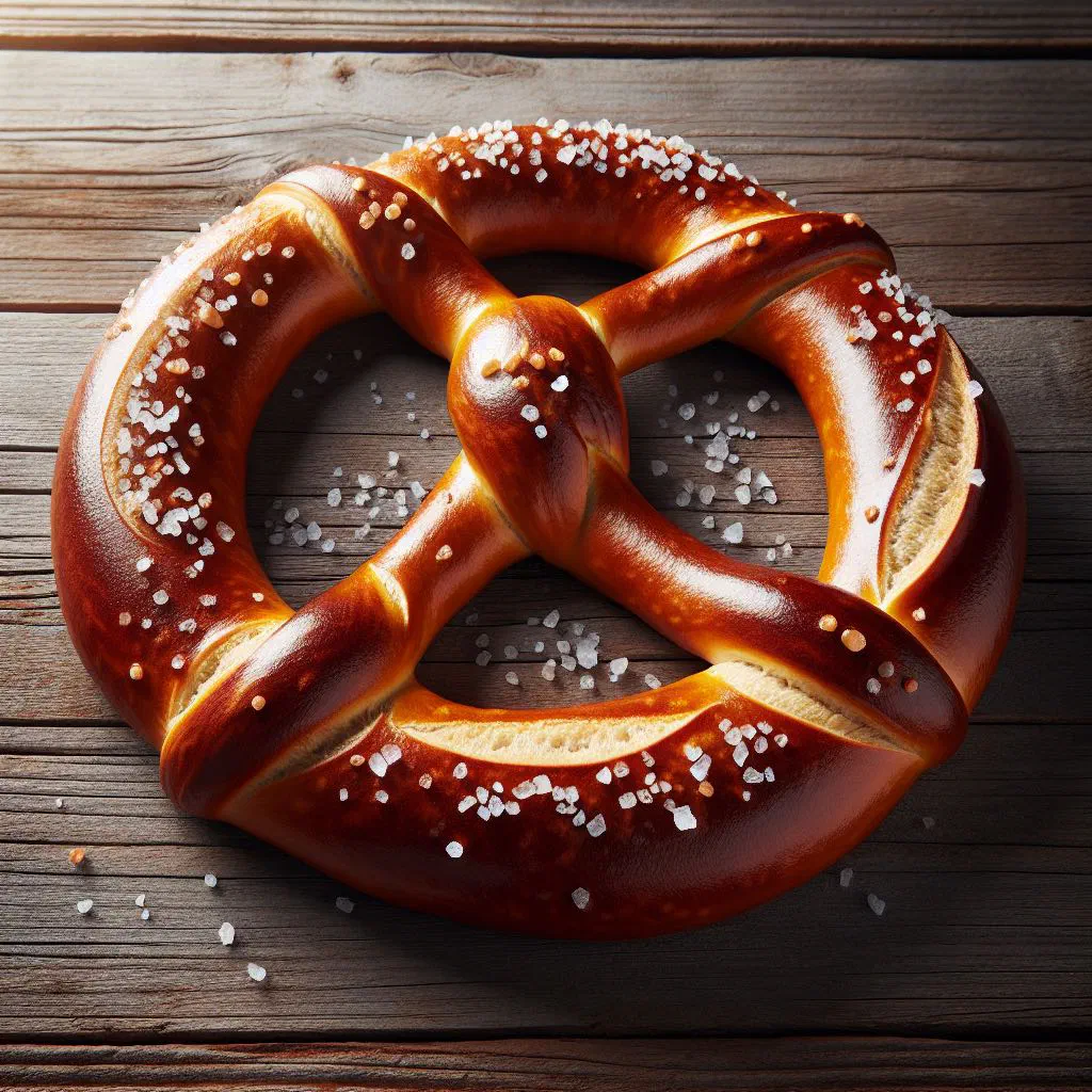 Freshly baked golden pretzel sprinkled with coarse salt