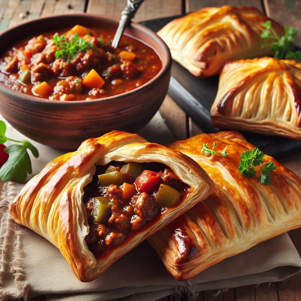 Golden puff pastry pies filled with a savoury meat and vegetable ragout