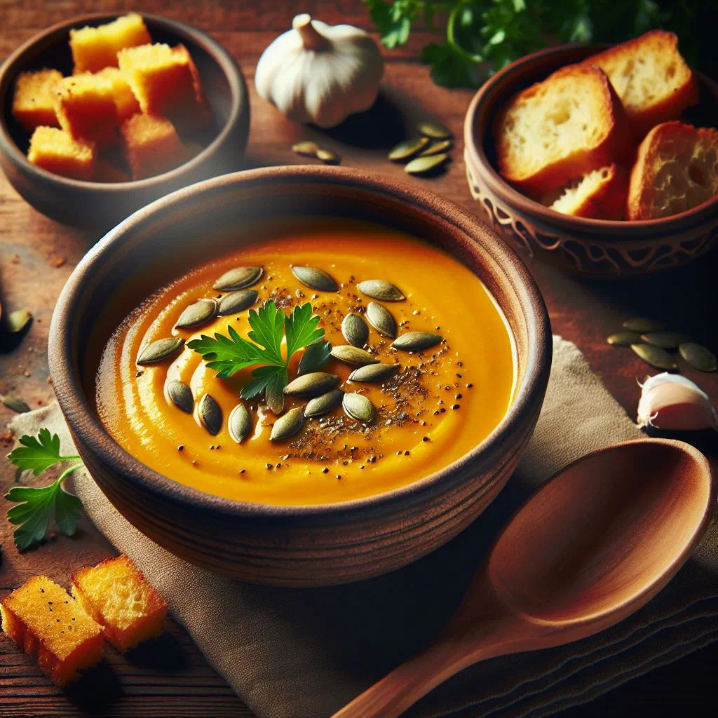 Creamy orange pumpkin soup garnished with parsley and pumpkin seeds