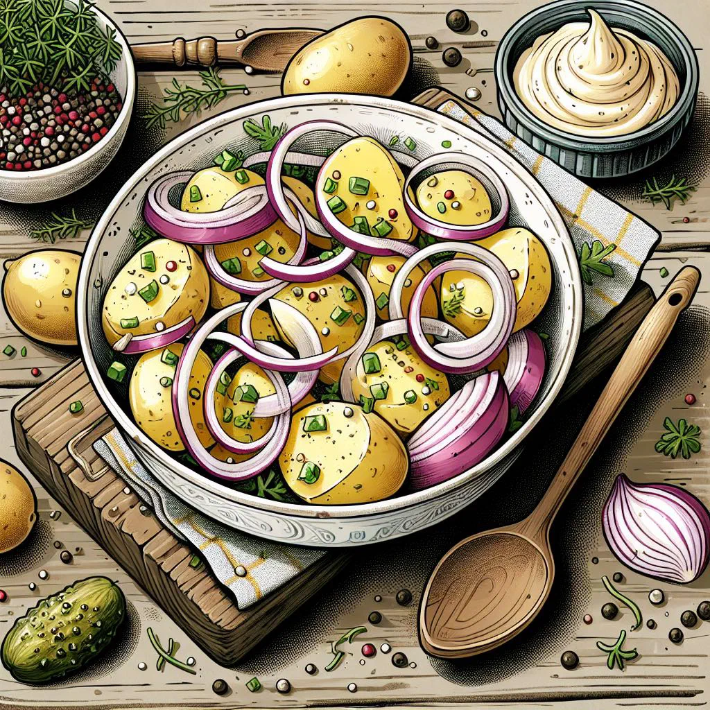 German radish salad with sliced radishes and chives beside potato salad