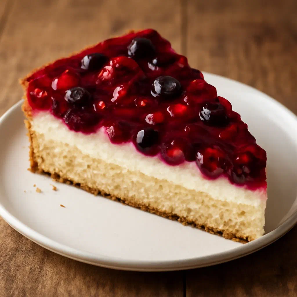 A slice of red berry compote cake with vanilla cream and a glossy berry topping