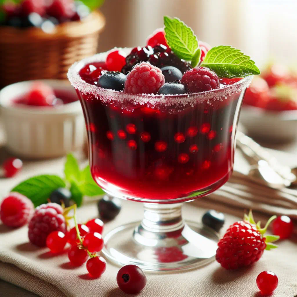 Red berry pudding served in a glass with a swirl of vanilla sauce
