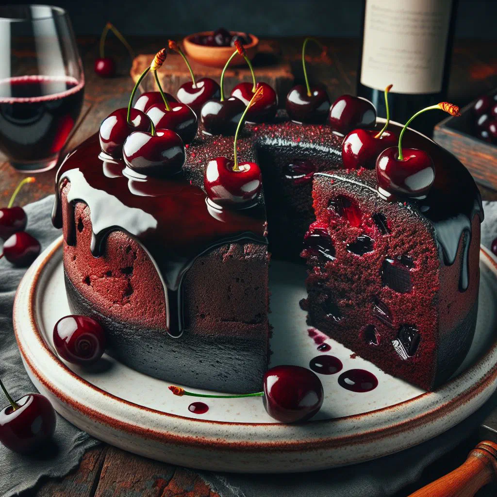 Slice of moist German red wine cake dusted with icing sugar