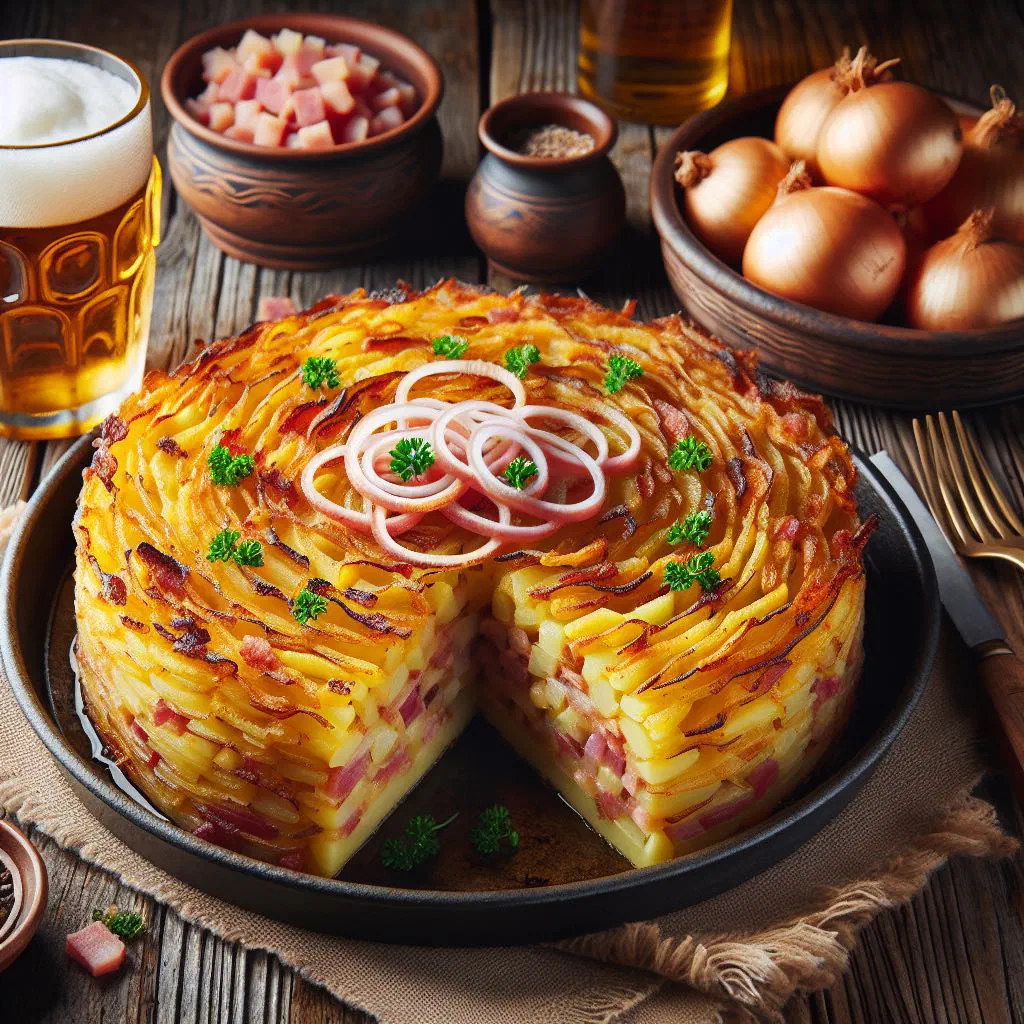 Golden, crisp-topped Rhenish potato bake served in a rustic dish