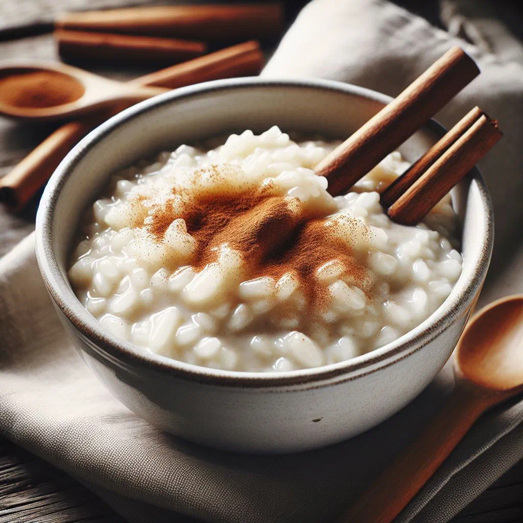 Creamy German rice pudding dusted with cinnamon in a bowl