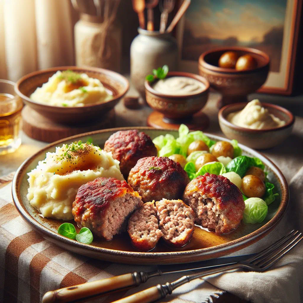 Golden-brown German rissoles in a frying pan, garnished with fresh herbs